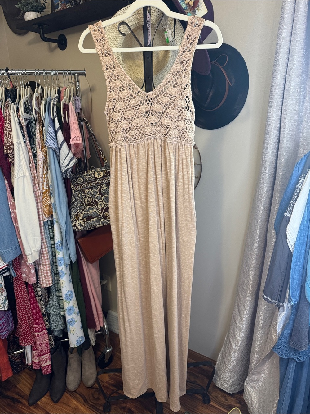 aerie Beige Crochet-Bodice Maxi Dress
